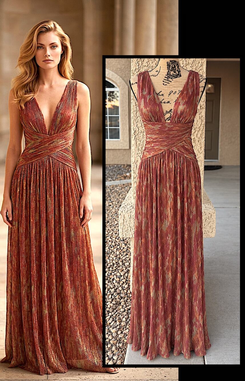 Lulus Evaluna Rust Abstract Print Lurex Pleated Maxi Dress Size XS